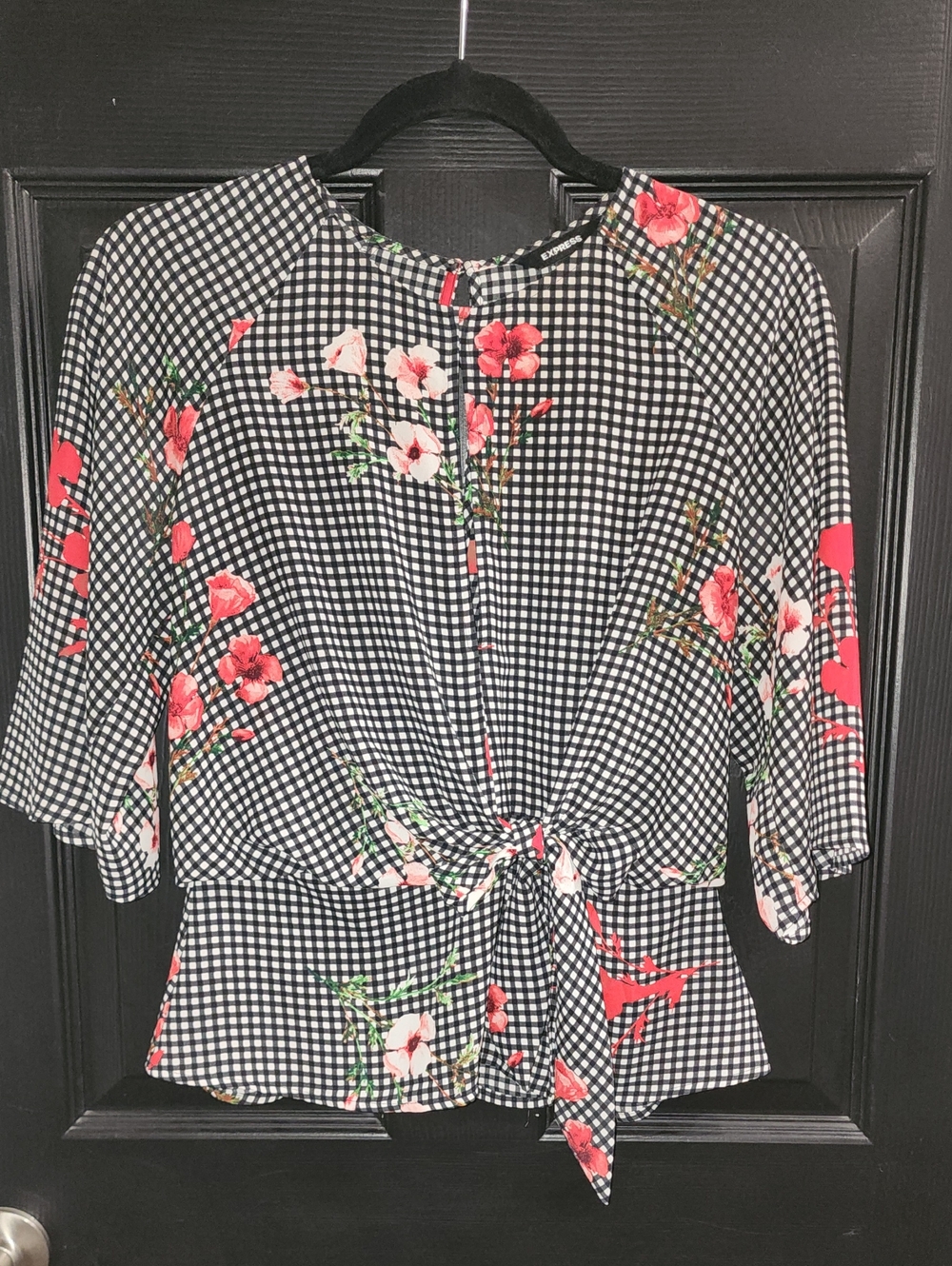 Express Black & White Gingham Floral Tie-Front Blouse